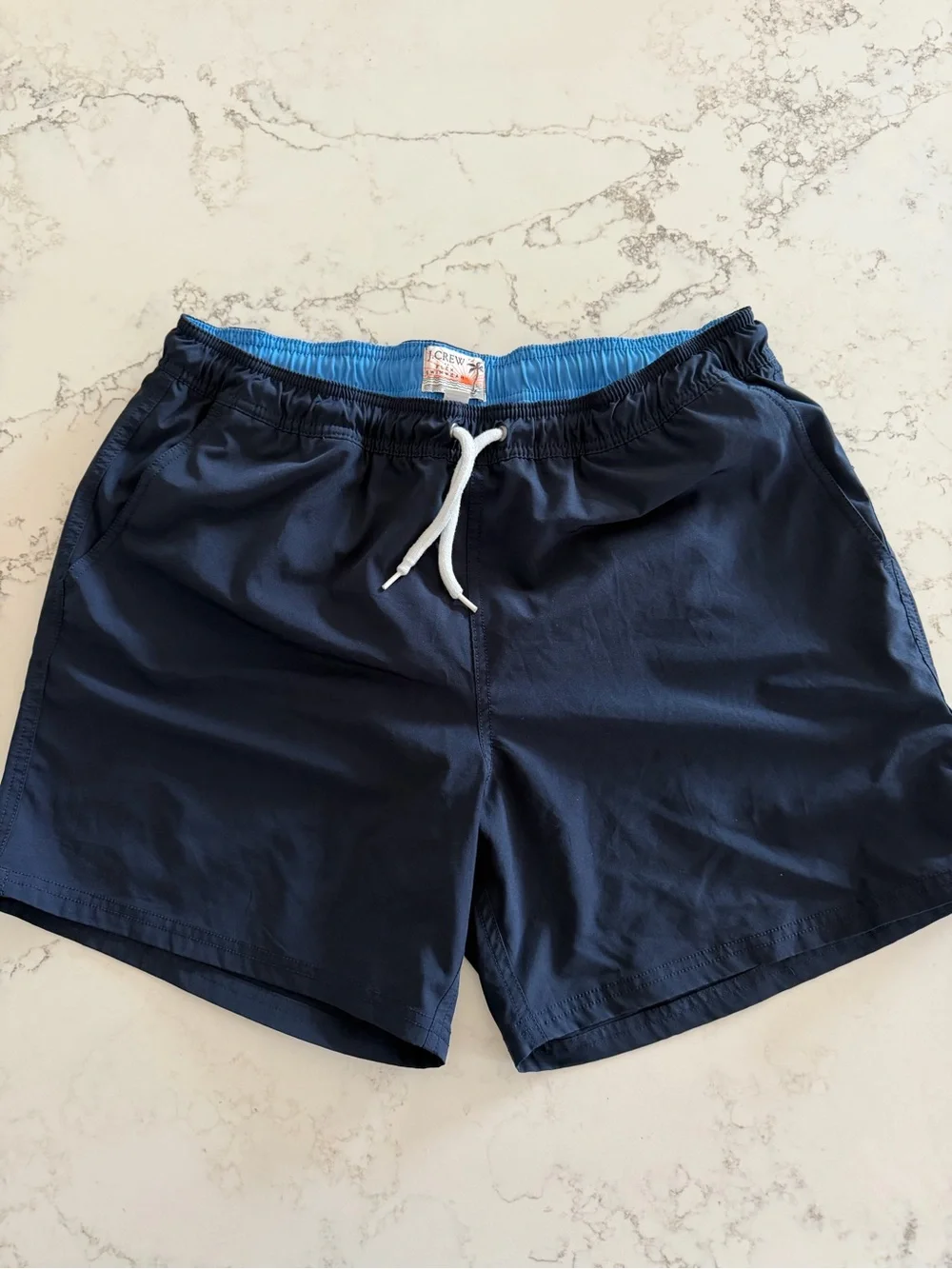 J. Crew Men’s Navy Swim Trunks with Light Blue Liner and White Drawstring